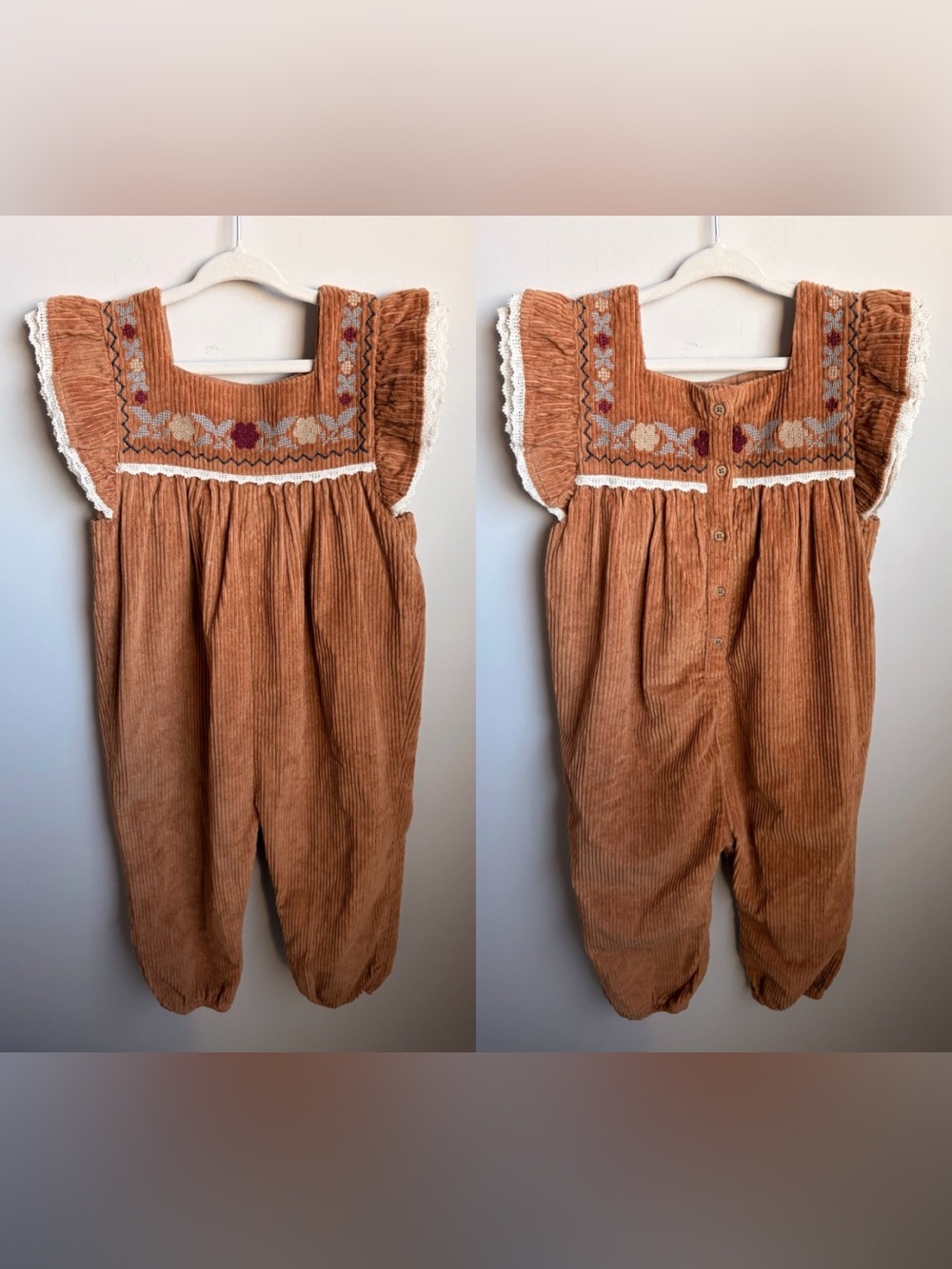 Zara Girls' Rust Corduroy Romper with Embroidery